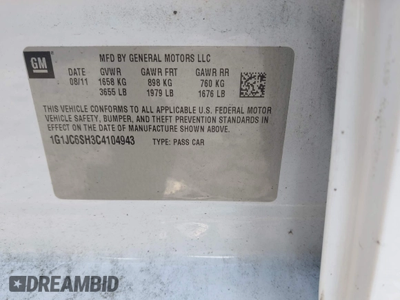 2012 Chevrolet Sonic LT with VIN 1G1JC6SH3C4104943, listed as a IAAI auction lot 42573791 with 118,316 mi miles and . Bid and sale history available at DreamBid. Image 9.