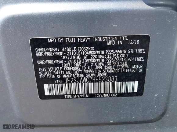 2017 Subaru Forester Touring with VIN JF2SJAWC7HH523883, listed as a IAAI auction lot 41595014 with 74,654 mi miles. Bid and sale history available at carsss.com. Image 9.