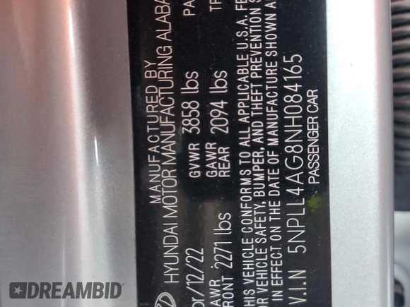 2022 Hyundai Elantra SE with VIN 5NPLL4AG8NH084165, listed as a Copart auction lot 85774264 with Not Provided miles and Salvage Title. Bid and sale history available at DreamBid. Image 12.