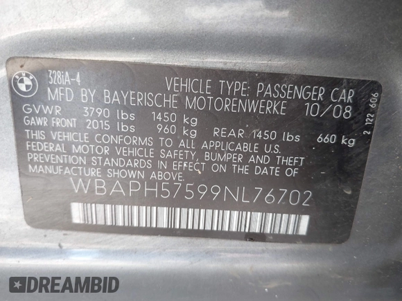 2009 BMW 3 Series 328i with VIN WBAPH57599NL76702, listed as a IAAI auction lot 42361741 with Not provided miles and . Bid and sale history available at DreamBid. Image 9.