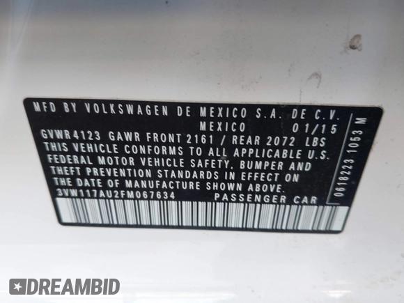 2015 Volkswagen Golf TSI S z VIN 3VW117AU2FM067634, wystawiony jako IAAI lot #41925577 z przebiegiem 170 238 mil mil oraz . Historia ofert i sprzedaży dostępna na DreamBid. Obrazek 9.