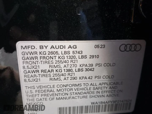 2023 Audi SQ5 Premium Plus with VIN WA1B4AFY9P2147524, listed as a Copart auction lot 60696554 with 7,433 mi miles and Salvage Title. Bid and sale history available at DreamBid. Image 13.