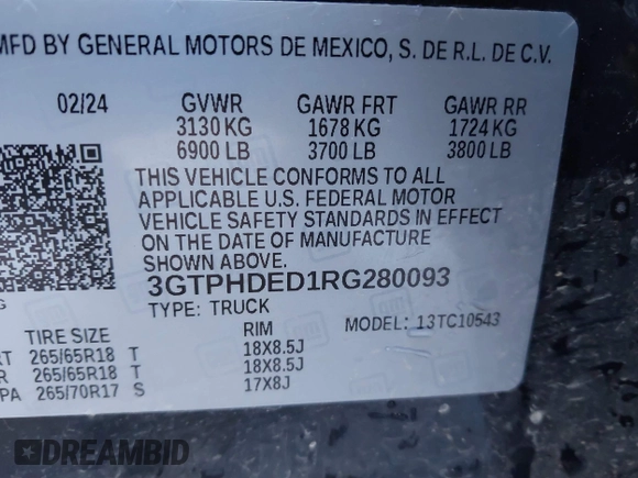 2024 GMC Sierra 1500 SLT with VIN 3GTPHDED1RG280093, listed as a IAAI auction lot 41296570 with 14,324 mi miles and . Bid and sale history available at DreamBid. Image 9.