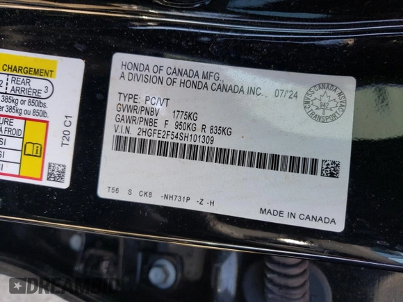 2025 Honda Civic Sport with VIN 2HGFE2F54SH101309, listed as a Copart auction lot 48786545 with 41,603 mi miles and Salvage title. Bid and sale history available at DreamBid. Image 13.
