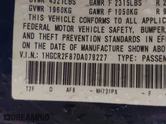 2013 Honda Accord EX-L with VIN 1HGCR2F87DA079227, listed as a IAAI auction lot 41976203 with 142,275 mi miles and . Bid and sale history available at DreamBid. Image 9.