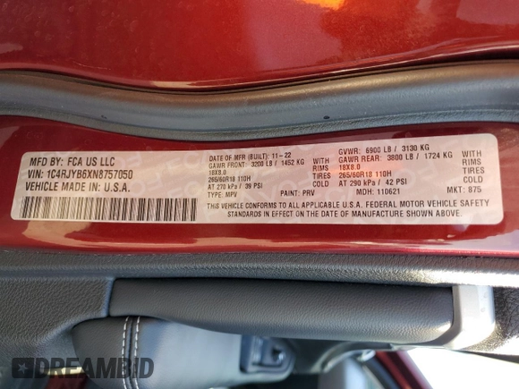 2022 Jeep Grand Cherokee с VIN 1C4RJYB6XN8757050, выставлен на аукционе Copart как лот 43666425 с пробегом 26 396 миль миль и Списание • Salvage title. История ставок и продаж доступна на DreamBid. Изображение 15.