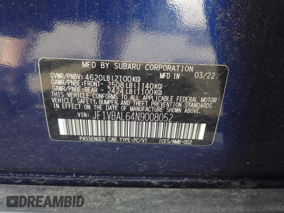 2022 Subaru WRX Limited с VIN JF1VBAL64N9008052, выставлен на аукционе IAAI как лот 42586559 с пробегом 13 679 миль миль и . История ставок и продаж доступна на DreamBid. Изображение 9.