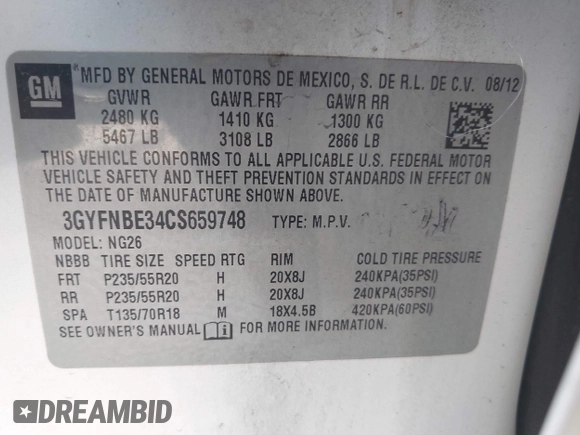 2012 Cadillac SRX Performance Collection with VIN 3GYFNBE34CS659748, listed as a IAAI auction lot 42693814 with 216,854 mi miles and . Bid and sale history available at DreamBid. Image 9.