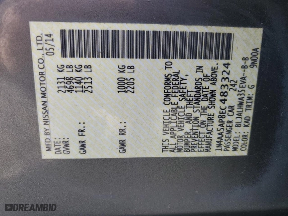 2014 Nissan Maxima 3.5 S with VIN 1N4AA5AP8EC483324, listed as a Copart auction lot 50504135 with 124,183 mi miles and Clean Title. Bid and sale history available at carsss.com. Image 12.
