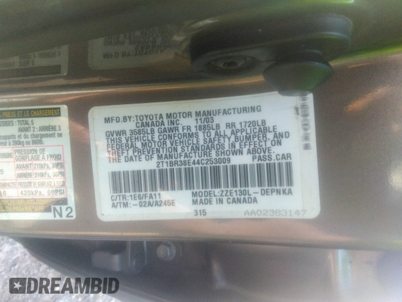 2004 Toyota Corolla CE with VIN 2T1BR38E44C253009, listed as a IAAI auction lot 41087466 with 237,504 mi miles and . Bid and sale history available at DreamBid. Image 9.