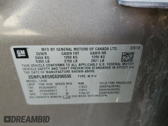 2012 Chevrolet Equinox 2LT with VIN 2GNFLNE58C6296536, listed as a Copart auction lot 49647545 with 119,048 mi miles and Salvage Title. Bid and sale history available at DreamBid. Image 13.