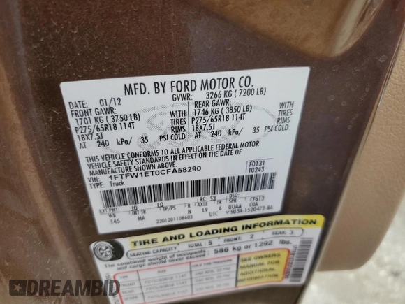 2012 Ford F-150 XL z VIN 1FTFW1ET0CFA58290, wystawiony jako Copart lot #55323725 z przebiegiem 120 956 mil mil oraz Szkoda całkowita • Salvage title. Historia ofert i sprzedaży dostępna na DreamBid. Obrazek 12.