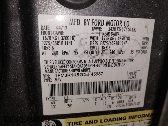 2012 Ford Expedition Max Limited with VIN 1FMJK1K52CEF45987, listed as a IAAI auction lot 41402959 with 263,507 mi miles and . Bid and sale history available at DreamBid. Image 9.