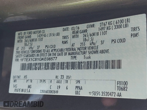 2016 Ford F-150 XL with VIN 1FTEX1C81GKE08577, listed as a IAAI auction lot 41523206 with Not Provided miles and . Bid and sale history available at carsss.com. Image 9.
