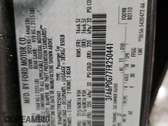 2015 Ford Fusion S with VIN 3FA6P0G77FR250441, listed as a Copart auction lot 50839585 with 117,110 mi miles and Salvage Title. Bid and sale history available at DreamBid. Image 14.