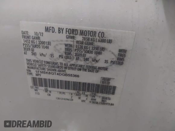 2013 Ford Explorer Sport с VIN 1FM5K8GT4DGB55366, выставлен на аукционе IAAI как лот 41720662 с пробегом 158 852 миль миль и . История ставок и продаж доступна на DreamBid. Изображение 9.