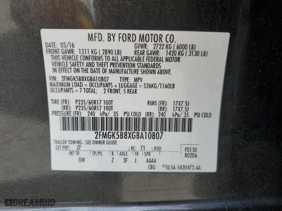 2016 Ford Flex SE with VIN 2FMGK5B8XGBA10807, listed as a Copart auction lot 45519155 with 124,557 mi miles and Salvage Title. Bid and sale history available at carsss.com. Image 15.
