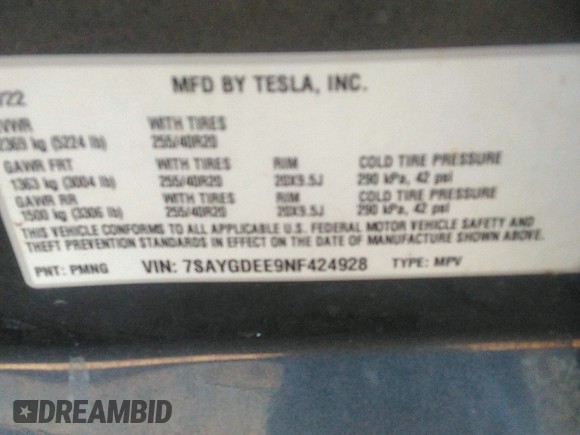 2022 Tesla Model Y Long Range with VIN 7SAYGDEE9NF424928, listed as a IAAI auction lot 41807225 with Not Provided miles and . Bid and sale history available at carsss.com. Image 9.