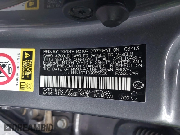 2013 Lexus ES 4dr Sdn with VIN JTHBK1GG1D2055528, listed as a IAAI auction lot 41781276 with 186,228 mi miles. Bid and sale history available at carsss.com. Image 9.