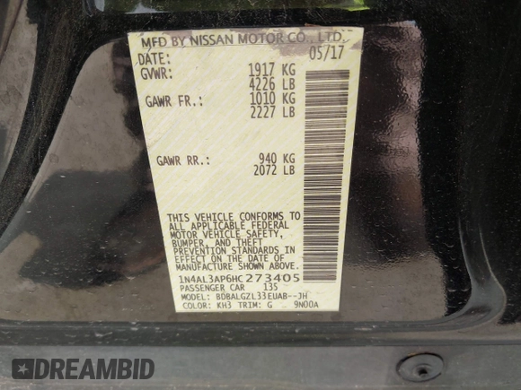 2017 Nissan Altima S with VIN 1N4AL3AP6HC273405, listed as a IAAI auction lot 42071012 with 130,032 mi miles and . Bid and sale history available at DreamBid. Image 9.