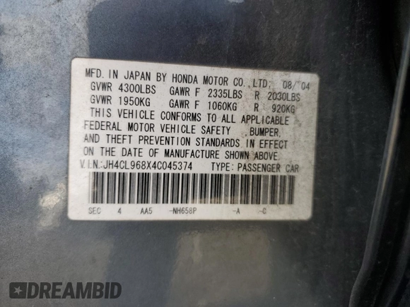 2004 Acura TSX with VIN JH4CL968X4C045374, listed as a Copart auction lot 50431295 with 0 mi miles and Salvage Title. Bid and sale history available at carsss.com. Image 12.