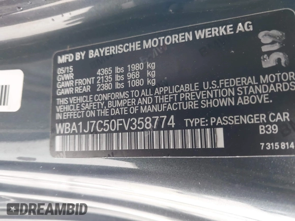 2015 BMW 2 Series M235i with VIN WBA1J7C50FV358774, listed as a IAAI auction lot 41559637 with 82,344 mi miles and . Bid and sale history available at carsss.com. Image 9.