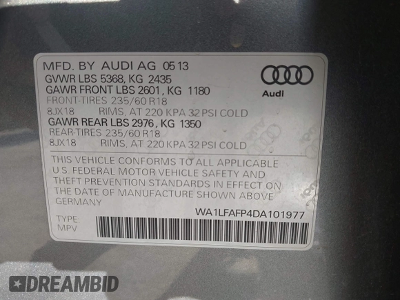 2013 Audi Q5 Premium Plus with VIN WA1LFAFP4DA101977, listed as a IAAI auction lot 42526167 with 69,901 mi miles and . Bid and sale history available at DreamBid. Image 9.