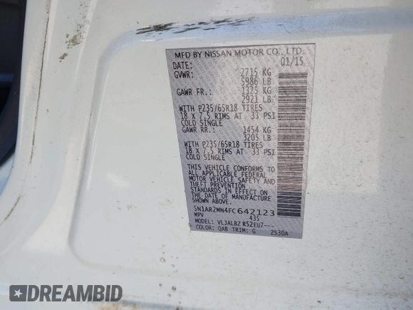 2015 Nissan Pathfinder Platinum с VIN 5N1AR2MN4FC642123, выставлен на аукционе IAAI как лот 42129486 с пробегом 157 585 миль миль и . История ставок и продаж доступна на DreamBid. Изображение 9.
