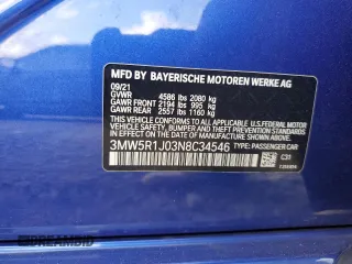 2022 BMW 3 Series 330i with VIN 3MW5R1J03N8C34546, listed as a Copart auction lot 47879495 with 44,025 mi miles and Salvage Title. Bid and sale history available at carsss.com. Image 14.