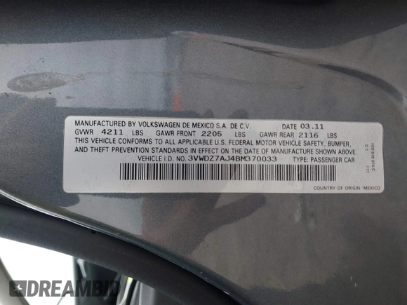 2011 Volkswagen Jetta SE with VIN 3VWDZ7AJ4BM370033, listed as a IAAI auction lot 42367238 with 161,635 mi miles and . Bid and sale history available at DreamBid. Image 9.
