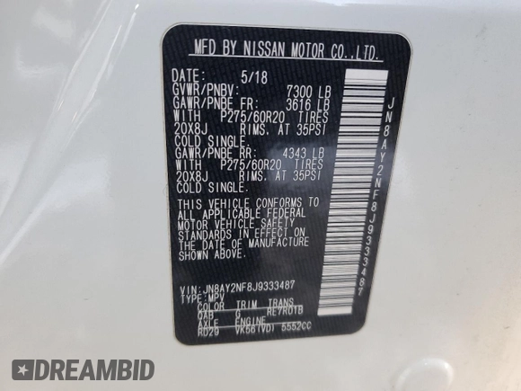 2018 Nissan Armada Platinum with VIN JN8AY2NF8J9333487, listed as a Copart auction lot 46295745 with 58,876 mi miles and Salvage Title. Bid and sale history available at carsss.com. Image 14.
