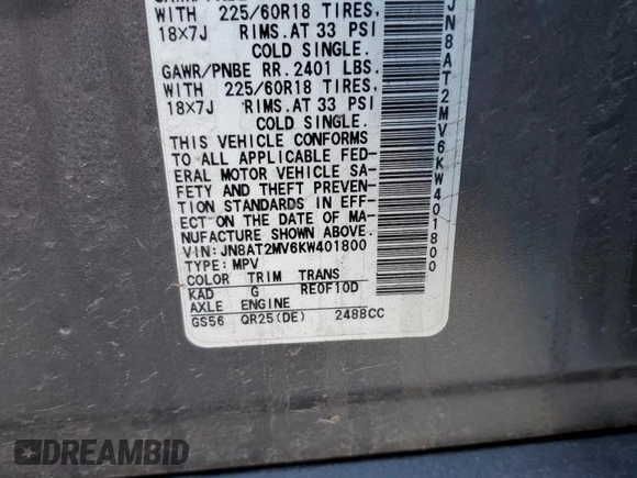 2019 Nissan Rogue SV with VIN JN8AT2MV6KW401800, listed as a Copart auction lot 51526515 with 54,587 mi miles and Salvage Title. Bid and sale history available at carsss.com. Image 14.