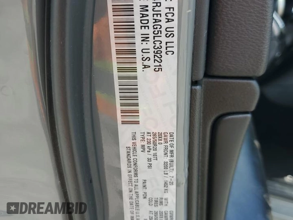 2020 Jeep Grand Cherokee Laredo E with VIN 1C4RJEAG5LC392215, listed as a Copart auction lot 55935375 with 139,724 mi miles and Salvage title. Bid and sale history available at DreamBid. Image 14.