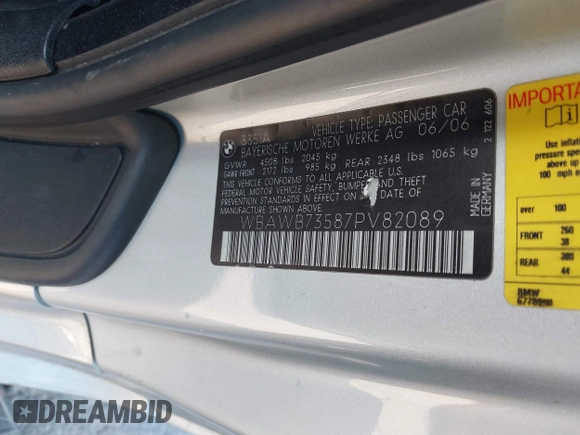 2007 BMW 3 Series 335i with VIN WBAWB73587PV82089, listed as a IAAI auction lot 41854951 with 171,078 mi miles and . Bid and sale history available at DreamBid. Image 9.