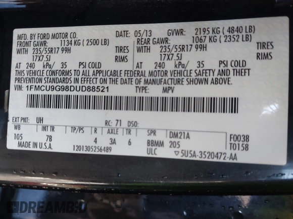 2013 Ford Escape SE with VIN 1FMCU9G98DUD88521, listed as a IAAI auction lot 41496428 with 163,321 mi miles and . Bid and sale history available at DreamBid. Image 9.