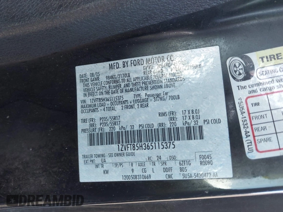2006 Ford Mustang GT Deluxe with VIN 1ZVFT85H365115375, listed as a IAAI auction lot 42744169 with 328,050 mi miles and . Bid and sale history available at DreamBid. Image 9.