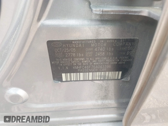 2006 Hyundai Azera SE with VIN KMHFC46F76A043396, listed as a IAAI auction lot 42398355 with 232,418 mi miles and . Bid and sale history available at DreamBid. Image 9.