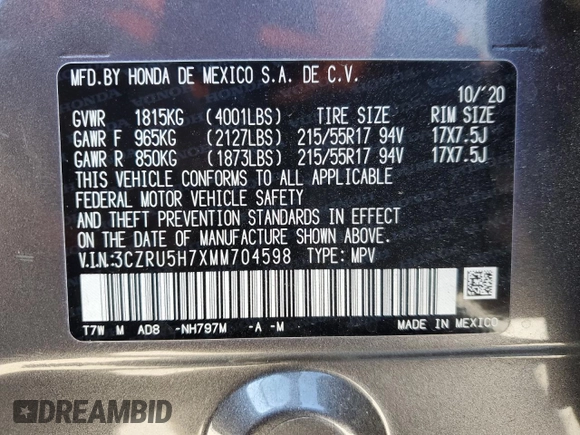 2021 Honda HR-V EX-L with VIN 3CZRU5H7XMM704598, listed as a Copart auction lot 41917455 with 23,637 mi miles and Salvage Title. Bid and sale history available at carsss.com. Image 13.