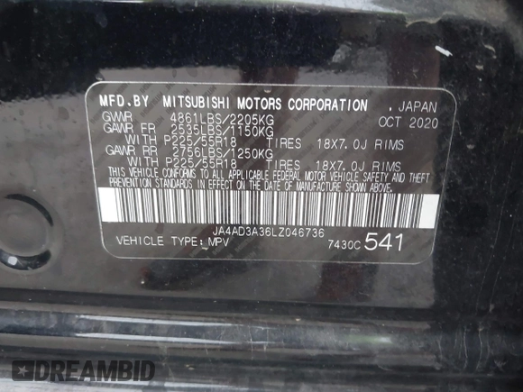 2020 Mitsubishi Outlander SE with VIN JA4AD3A36LZ046736, listed as a IAAI auction lot 42285717 with 43,530 mi miles and . Bid and sale history available at DreamBid. Image 9.