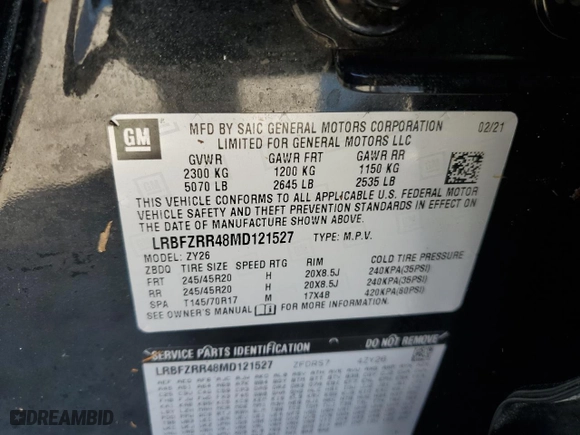 2021 Buick Envision Avenir with VIN LRBFZRR48MD121527, listed as a Copart auction lot 82495504 with 0 mi miles and Non Repairable. Bid and sale history available at carsss.com. Image 14.