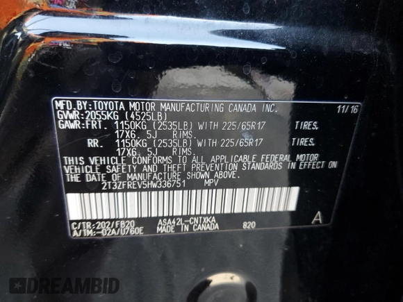 2017 Toyota RAV4 LE with VIN 2T3ZFREV5HW336751, listed as a Copart auction lot 55177375 with 59,411 mi miles and Salvage Title. Bid and sale history available at carsss.com. Image 13.