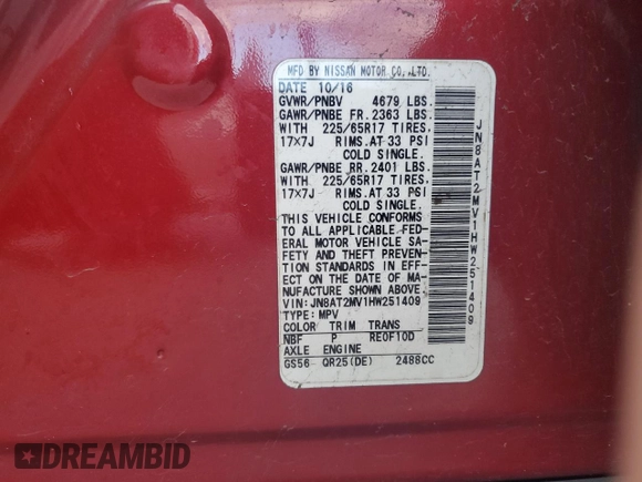 2017 Nissan Rogue SL z VIN JN8AT2MV1HW251409, wystawiony jako Copart lot #41426175 z przebiegiem Nie podano mil oraz Szkoda całkowita • Salvage title. Historia ofert i sprzedaży dostępna na DreamBid. Obrazek 14.
