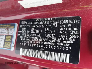 2018 Kia Sorento LX with VIN 5XYPG4A52JG357607, listed as a IAAI auction lot 41799029 with Not provided miles and . Bid and sale history available at DreamBid. Image 9.