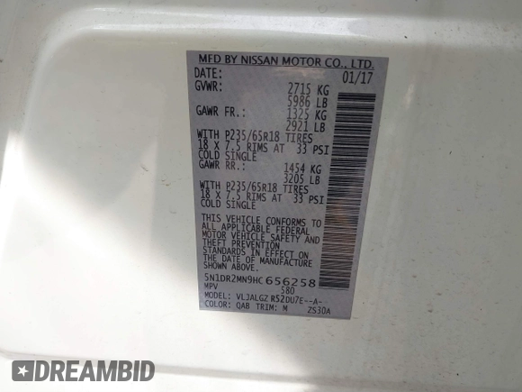 2017 Nissan Pathfinder SV z VIN 5N1DR2MN9HC656258, wystawiony jako IAAI lot #41010118 z przebiegiem 154 944 mil mil oraz . Historia ofert i sprzedaży dostępna na DreamBid. Obrazek 9.