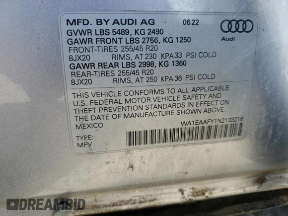 2022 Audi Q5 S line Premium Plus with VIN WA1EAAFY1N2133216, listed as a Copart auction lot 53114465 with 28,571 mi miles and Clean title. Bid and sale history available at DreamBid. Image 13.
