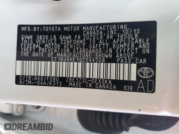 2016 Toyota Corolla L with VIN 2T1BURHE1GC544508, listed as a Copart auction lot 62299395 with 99,831 mi miles and Salvage title. Bid and sale history available at DreamBid. Image 12.