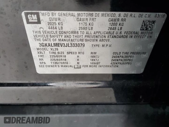 2018 GMC Terrain SLE with VIN 3GKALMEV3JL333079, listed as a Copart auction lot 48433175 with 152,690 mi miles and Salvage Title. Bid and sale history available at carsss.com. Image 14.