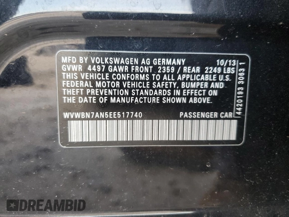 2014 Volkswagen CC Sport с VIN WVWBN7AN5EE517740, выставлен на аукционе Copart как лот 55872735 с пробегом 191 650 миль миль и Списание • Salvage title. История ставок и продаж доступна на DreamBid. Изображение 12.