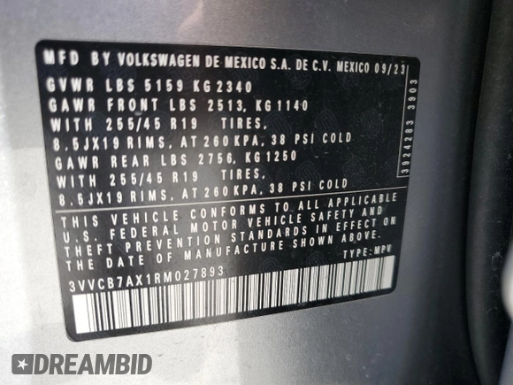 2024 Volkswagen Tiguan SE R-Line Black with VIN 3VVCB7AX1RM027893, listed as a Copart auction lot 51351375 with 25,296 mi miles and Salvage title. Bid and sale history available at DreamBid. Image 15.