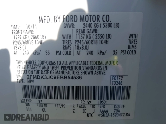 2014 Ford Edge SEL with VIN 2FMDK3JC9EBB54536, listed as a IAAI auction lot 41867367 with 127,929 mi miles. Bid and sale history available at carsss.com. Image 9.